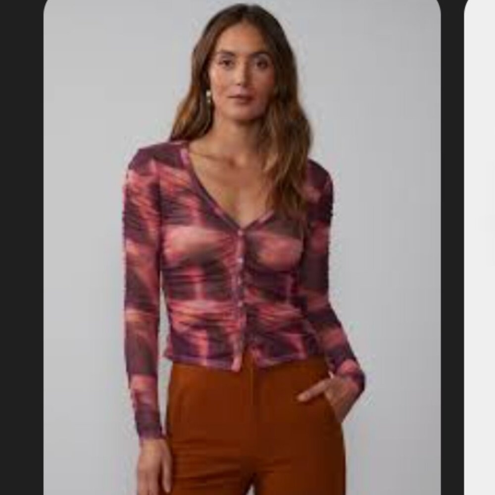New York & Co Sheer Mesh Ruched Crop Button-up cardigan top Med Hipster Festival